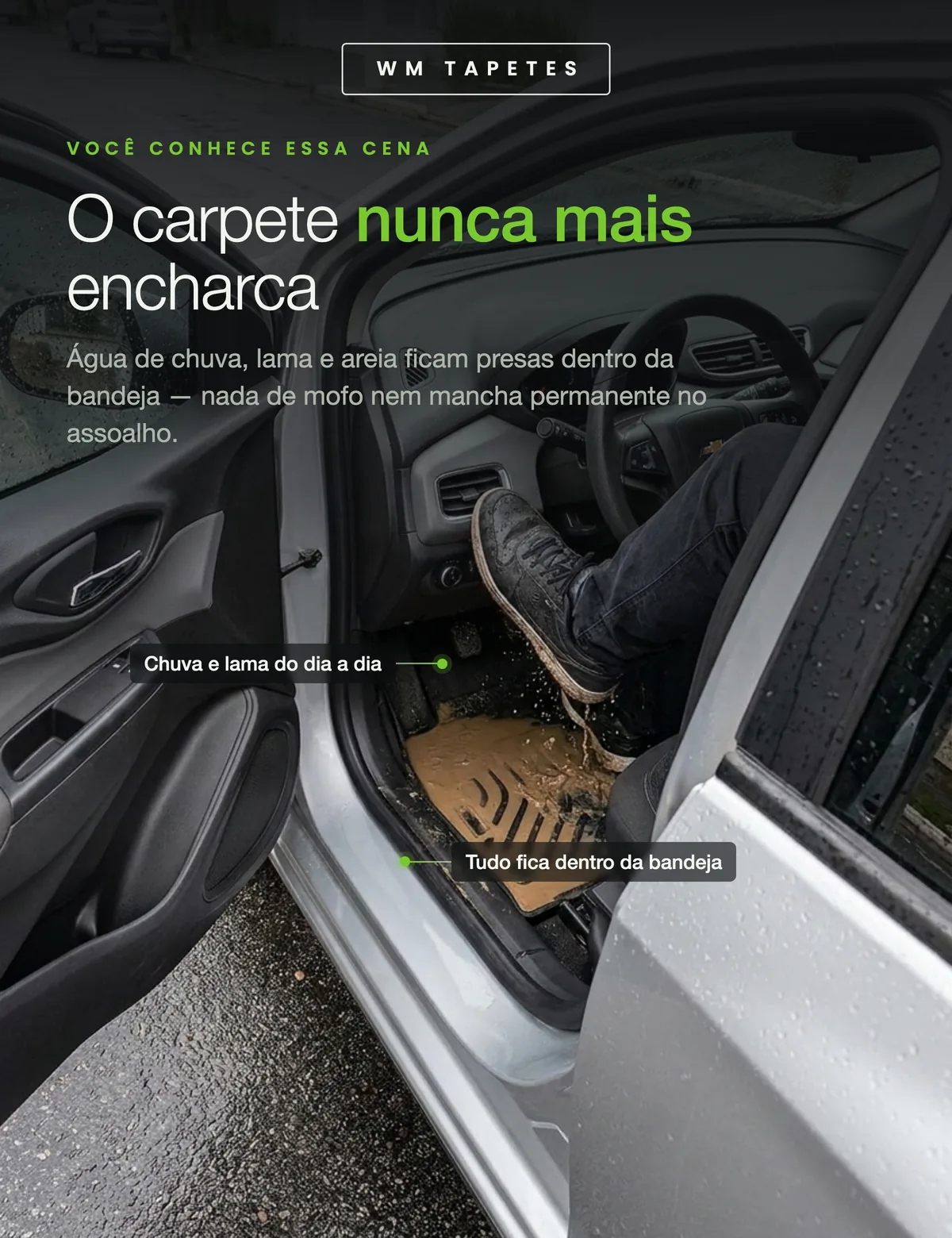 O carpete de fábrica encharca e mancha; a bandeja segura tudo dentro dela